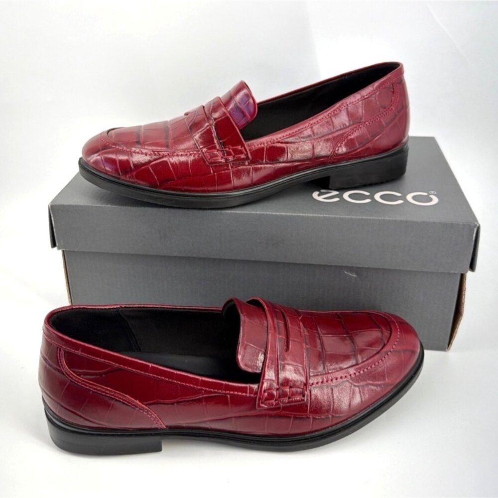 ECCO Crocodile Embossed Penny Loafers Chunky Heel Red Leather Women Size 38 - Picture 2 of 8